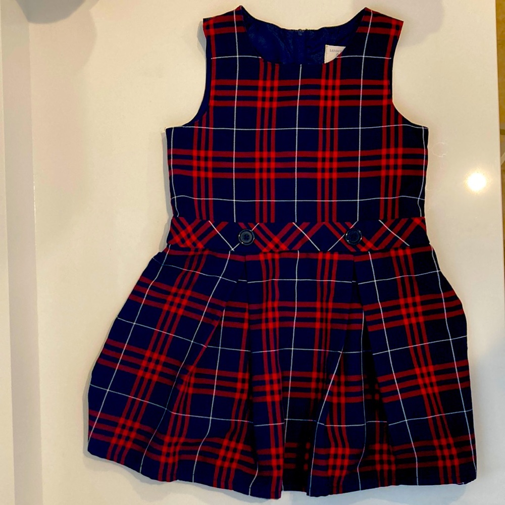 Lands End Dress Jumper in Classic Navy Large Plaid. Size 6.